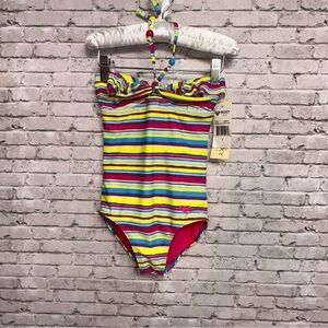 Roxy Girl Size 7 Little Girl Striped Ruffed Beads Colorful Swimsuit NEW NWT